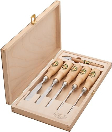 KIRSCHEN 6-teiliger Zinkelbeitelsatz - Anreißmesser und 5 Stechbeitel : 4, 6, 10, 16, 20 mm mit 25° Winkel und 240 mm Länge - für weiches bis mittelhartes Holz