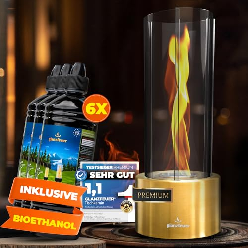 GLANZFEUER® Tischkamin - Premium Bio Ethanol Tischkamin - Tischfeuer Outdoor & Tischfeuer Indoor - Hochwertiger Bioethanol Tischkamin Outdoor für besonderes Ambiente - Tisch Feuer Ethanol Kamin
