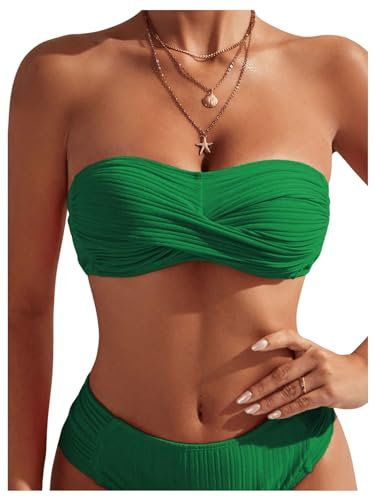 GORGLITTER Women's Bandeau Bikini Tops Ruched Twist Bathing Suit Swimsuit Top Beachwear Green L