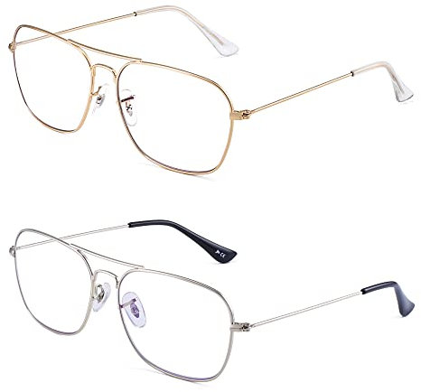 JM 2-Pack Flieger Quadratische Lesebrillen für Damen und Herren, Anti Blaue Lesebrille Leichte +1.25(Gold&Silber