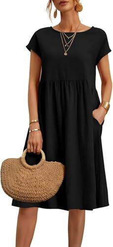 Hanaoops Sommerkleid Damen Kurzarm Rundhals Freizeit Kleider Lose A-Linie Midi Kleid Leicht Einfarbig Strandkleid mit Tasche
