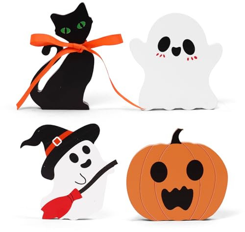 himmel Halloween Decorations Indoor, 4PCS Cute Ghost Wooden Signs Pumpkin Cat Blocks for Tiered Tray Decor, Halloween Decor for Office Home Party Shelf Display Apartment