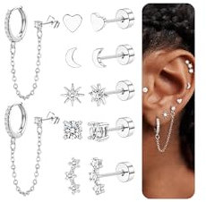 JeweBella 6Pairs Flat Back Earrings Gold Earrings for Women Girls Hypoallergenic Surgical Steel Earrings Stud Earrings Stack Chain Hoop Earrings Sleeper Cartilage Earrings Sets for Multiple Piercings