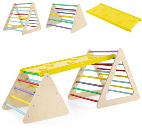 COSTWAY Klettergerüst Indoor, inkl. 2 Kletterdreieck & Kletterleiter, Indoor Spielgeräte Holz, Sprossendreieck Frei kombinierbar, Klettern Kinder Indoor ab 1 Jahr (Bunt)
