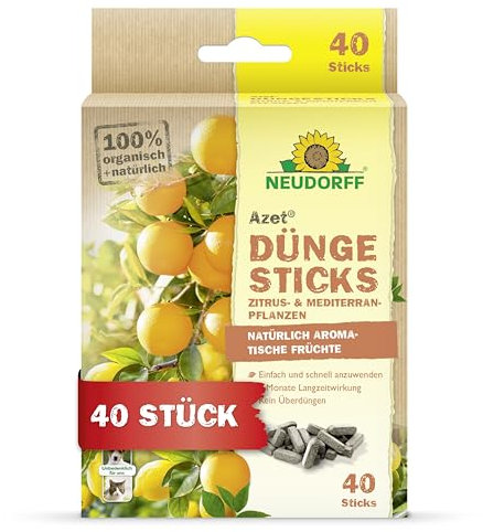 Neudorff Azet DüngeSticks für Zitrus- und Mediterranpflanzen – Bio Zitrusdünger sorgt für leckere Früchte und kräftig grüne Blätter, 40 Stück