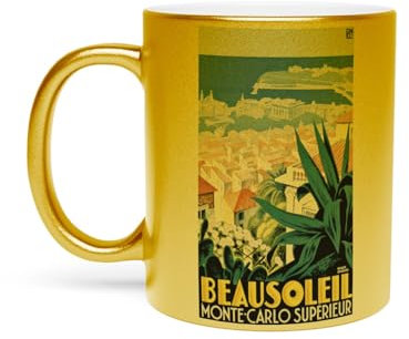 Fabulous Goldene Keramik Verchromte Tasse - Monte Carlo Monaco Poster Vintage Tourismus Art Deco 30er - 325ml