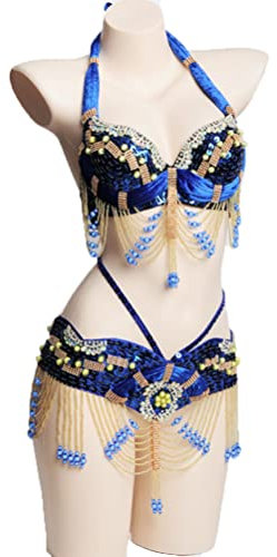 Bauchtänzer-Kostüme für Damen, Tribal-Bauchtanz-BH und Gürtel, sexy Bauchtanz-Anzug, Karneval, BH-Gürtel (2 Stück), Blau, Medium