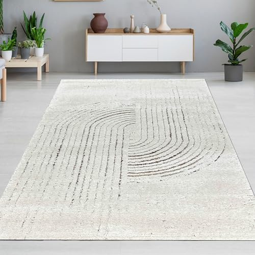 CARPETIA 3D-Teppich Linien- und Bogenmuster Creme 200x290 cm | Pflegeleicht, strapazierfähig und allergikerfreundlich, OEKO-TEX geprüft, für Fußbodenheizung, Wohn- & Flurbereiche