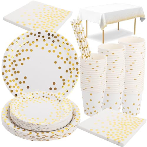 Oungy 251 PCS White and Gold Party Supplies Set, Disposable Party Tableware Set, Party Plates, Cups, Straws, Napkins, Tablecloth for Birthday Wedding Anniversary (50 Guests)