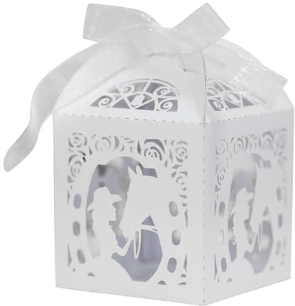 HICOHAND Scatole di carta per caramelle, 50 pezzi, bianche con graziosa ragazza con cavallo, scatole regalo per matrimoni, biscotti, dessert, pasticcini, bomboniere per matrimoni