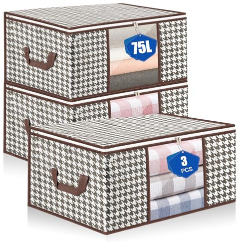 inzeyoz 75L Storage Bags, 3 PCS Large Storage Bags Boxes With Lids, Foldable Clothes Storage Organiser, Breathable Thick Fabric Moving Bags For Clothes, Blanket, Comforters, Bedding