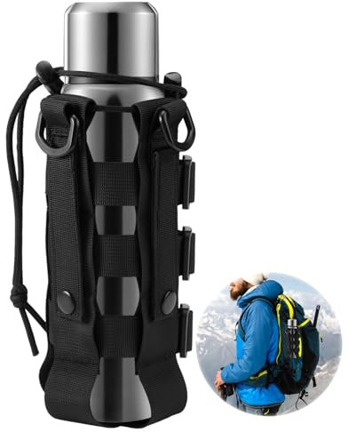 Porte-Bidon Tactique Militaire, Diamètre 7-15cm Réglable Porte Bouteille Tactique, Sac de Bouteille D'eau Pochette Militaire avec Cordon de Serrage pour La Randonnée En Plein Air, Le Camping (Noir)