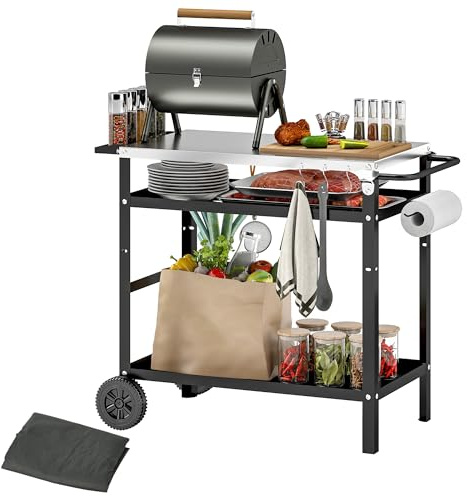 Outsunny Desserte plancha extérieure avec Plan de Travail en Acier Inoxydable, Chariot de Barbecue étagère réglable, desserte de Jardin avec 6 Crochets, Porte-Serviettes, 2 Roues, 100x52x80cm, Noir