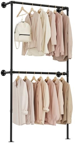 Yawinhe Kleiderstange für die Wand, Offener Kleiderschrank, Kleiderständer, Garderobenständer industriell, für Wohnzimmer, Schlafzimmer, Schwarz, YMG105B