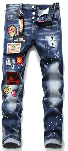 Kdtoll Jeans Uomo Slim Fit Strappati - Pantaloni in Denim Elasticizzato con Effetto Vernice Schizzata, Design Streetwear Ricamati Y2K, Stile Hip-Hop Casual per Outfit alla Moda