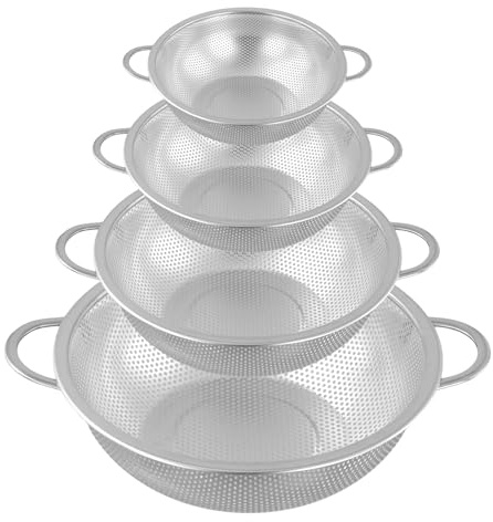 CHIHEUNG 4 PCS Stainless Steel Colander with Handle, Metal Micro-Perforations Colanders, Thickened Large Food Strainer for Food Rice Fruit Vegetable Pasta