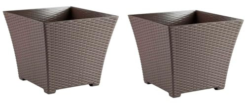 AC - Pack de 2 Macetas Rattan Cuadradas de plástico, Tiesto, macetero, Recipiente para Plantas, Flores, jardín, terraza, hogar, Fabricadas en España (Marrón Topo - 30 cm)