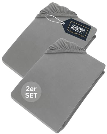 SCHÖNER WOHNEN Spannbettlaken 90x200cm 2er Pack Grau bis 100x200cm - Luxus Spannbetttücher aus Jersey-Baumwolle Öko-Tex Zertifiziert - für Matratzen bis 30 cm & Boxspringbett - Bettlaken Set