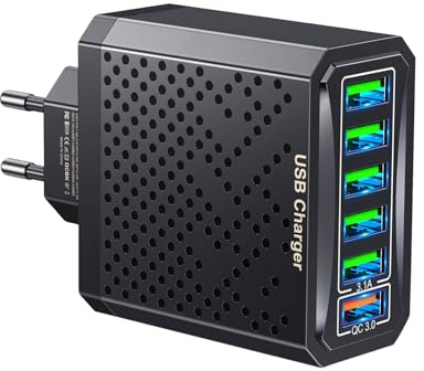 USB Stecker Mehrfach Schnellladegerät, 6 Ports USB Ladegerät, 18 W Mehrfach Ladegerät, QC 3.0 USB Charger EU, für Android, iPhone 16/15/15 Pro/15 Pro Max, Samsung S21 S20 S10 S9 (Schwarz)