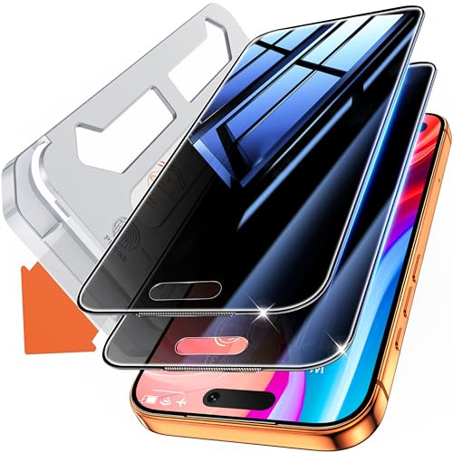 Tentoki Protector Pantalla Privacidad Para iPhone 17 Pro | 25°Antiespía, 2 Piezas Cristal Templado de Dureza 9H, Alineación Automática Una Instalación Rápida, Sin Burbujas,6,3 Pulgadas