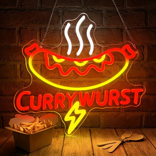 GGAQQ Currywurst Neon schild LED Neonlicht | Hängeschild für Imbiss Snackbar Restaurant Wanddeko