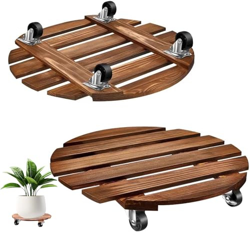 Yoodriy Juego de 2 Soportes para Plantas con Ruedas, Base Redonda de Madera de 30.5 cm, con Ruedas giratorias y bloqueables, Plantas Base Carretilla para Plantas, Interior Exterior Jardín Maceta