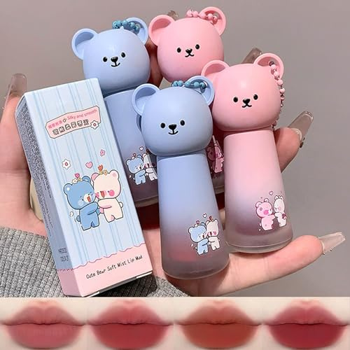 4Pcs Cute Bären Matte Lippenstift Set,Velevt Lipgloss Rot With Anhänger,Langanhaltender High Impact Color Wasserfest Rot Pink Rosa Nude Lippenstift,Vegan & Tierversuchsfrei