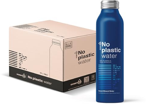 Agua en Botella No Plastic Water de Ocean52. Agua Mineral Natural - Pack 12 unidades x 50cl. 12 botellas reutilizables de 50cl. Manantial Source du Roy - Ogeu-les-Bains - France.