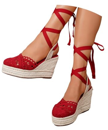 Sandali da donna con zeppa in corda alta, estivi, con lacci, punta chiusa e tacco espadrilla, eleganti, con plateau, boho, per lavoro, feste, matrimoni, affari e occasioni formali, A Rosso 1, 35 EU