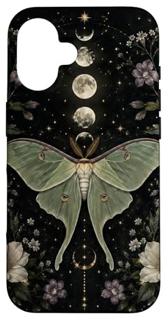 Hülle für iPhone 16 Aesthetic Witchy Luna Moth Vintage Flower Floral Moon Phasen