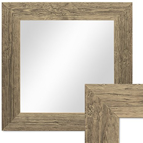 PHOTOLINI Wand-Spiegel 40x40 cm im Massivholz-Rahmen Strandhaus-Stil Breit Eiche-Optik Rustikal Quadratisch/Spiegelfläche 30x30 cm