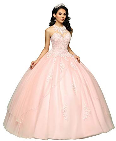 Nanger Vestido de tul para mujer, de Quinceanera, largo en A, vestido de princesa, Rosa., 36