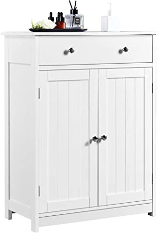 Yaheetech Bathroom Floor Cabinet Unit 80x60cm with 1 Drawer Cupboard Adjustable Shelves, Metal Handles Modern Style, White