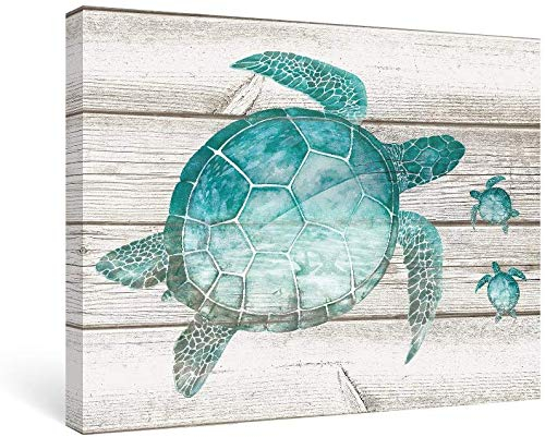 SUMGAR Turtle Canvas Wall Art Nautical Bathroom Teal Sea Turtle Beach Picture Turquoise Grey Framed Prints Sea Life Toilet Artwork Decor 40x30cm