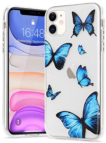 LLZ.COQUE Hülle für iPhone 11 Handyhülle Schmetterling Klar Schutzhülle Transparent Butterfly Case Backcover Schmetterling Hülle für iPhone 11 Blau