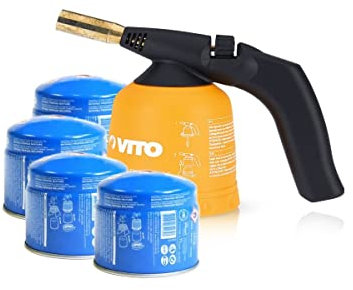 Lampe à souder VITO Allumage piezo coque ABS + 4 Cartouches gaz 190gr Sécurité stop gaz
