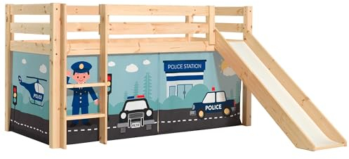 Vipack Bett mittellang, 90 x 200 cm, mit Rutsche und Lattenrost, Bezug Polizei, Pino – Holz