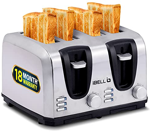 iBELL 2-in-1 Bread Toaster 4 Slices, Dual Controls, 7 Browning Modes, Auto Pop Up, Defrost, Reheat and Crumb Tray | Silver