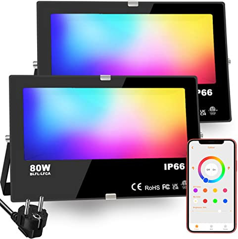 HEKEE RGB Led Strahler Außen, Farbwechsel 80W, DIY-Blitzmodus, RGB Led Fluter, Timer, Bluetooth IP66 wasserdicht