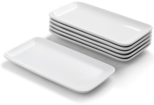 WishDeco Small Rectangle Plates Set of 6, White Serving Platters 9 inch, Ceramic Sushi Plates, Serving Plate for Appetizer, Dessert, Party, Microwave Safe