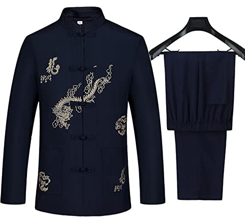 wecotton Kung Fu Uniform Tang Men Chinese Traditional Clothing Hanfu Martial Arts Wing Chun Taichi (Dark Blue, US XL (Asia Size XXXL))