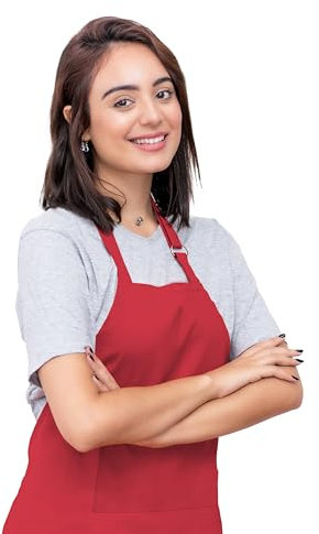 CALICOT 100% Baumwolle 2-teilige Küchenschürze mit verstellbarem Hals und sichtbarer Mitteltasche mit langen Bändern für Damen | Herren | Küchenchef | Zuhause, Tomate (70 cm von 80 cm)