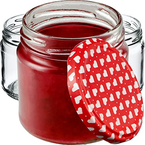 KADAX Lot de 20 petits pots à confiture ronds de 200 ml, motif cœur, 7,5 cm (H) x 7 cm (L), bocaux de conservation design pour confiture, miel, épices et aliments secs