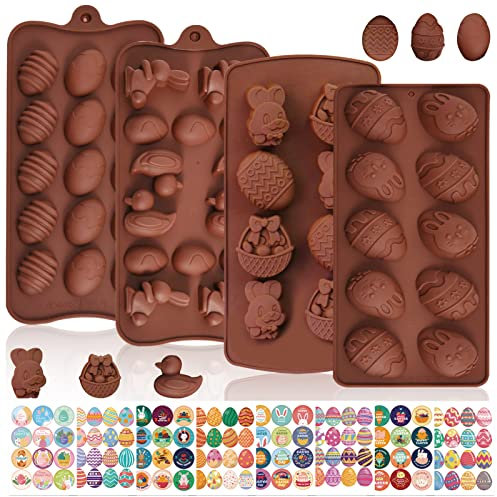 TOPJOWGA Ostern Silikon Schokoladenformen, 4 Stück Schokoladenform Ostereier mit 8 Ostern Aufkleber, Ostern Silikonform, Schokoladenform Osterhase, Backform Ostern für DIY, Schokolade, Süßigkeiten