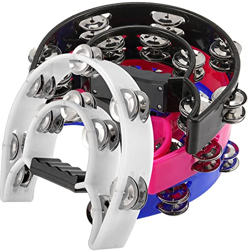SINJEUN 4 Stück Zweireihig Tamburin, 23 cm Halbmond Schellenring mit Ergonomischem Griff, 4 Farben Metallschellen für Anfänger, Kirche, KTV, Party, Musikinstrument