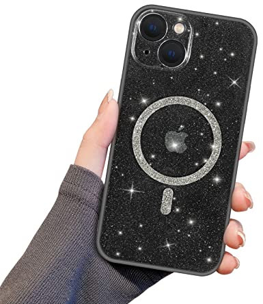 Newseego Glitter Clear iPhone 13 Case for Girls Women [Compatible with MagSafe], Magnetic Phone Case Cute Sparkly Bling Slim Shockproof Camera Protection Bumper Cover for iPhone 13-Black