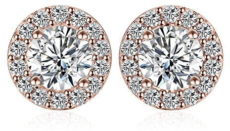 JewelryPalace 1ct Halo Orecchini a Bottone Donna Argento 925 con Cubica Zirconia, Piercing Orecchini a Lobo con Pietra a Rotondo, Orecchini Nuziali in Oro Rosa Matrimonio Set Gioielli Donna
