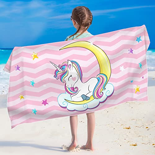 LXTOPN Einhorn Strandtuch, Mikrofaser Strandtuch für Mädchen, 80 x 160cm Kinder Badetuch Schwimmen Duschtuch Schnell Trocknendes mit Knöpfen und Gummiband