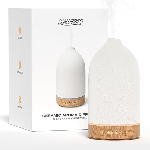 SALUBRITO Ceramic Essential Oil Diffuser, 100ml Ultrasonic Aromatherapy Diffuser for Home, Office, Cool Mist, Scented Oil Diffuser with Warm Light & Timer Setting, Great for Yoga, Sleep, White