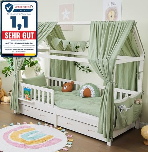 ALAVYA HOME® 3-TLG Hausbett Deko Set mit 2 Stück Betthimmel I 1 Stück Wimpelkette 300cm cm lang für Kinderbett Kinderzimmer I 100% Bio-Musselin Baumwolle I GOTS-Zertifiziert I 125 x 350 cm I Khaki